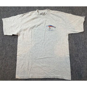 Vintage Oregon Fishing Lure T-Shirt XL Made in USA Embroidered Graphic Gray Tee